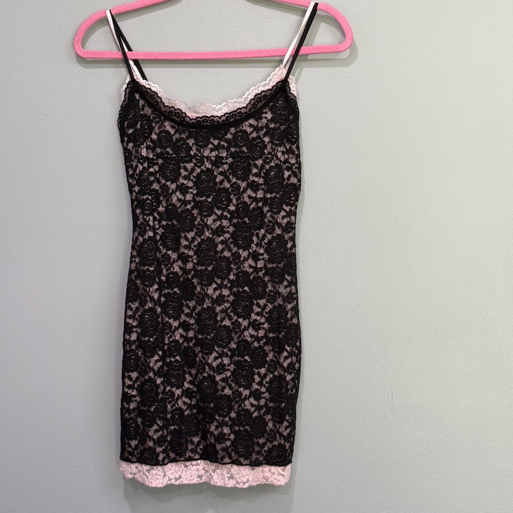 Baddie bodycon Black Pink Floral Lace Mini Dress Adjustable Straps Size S